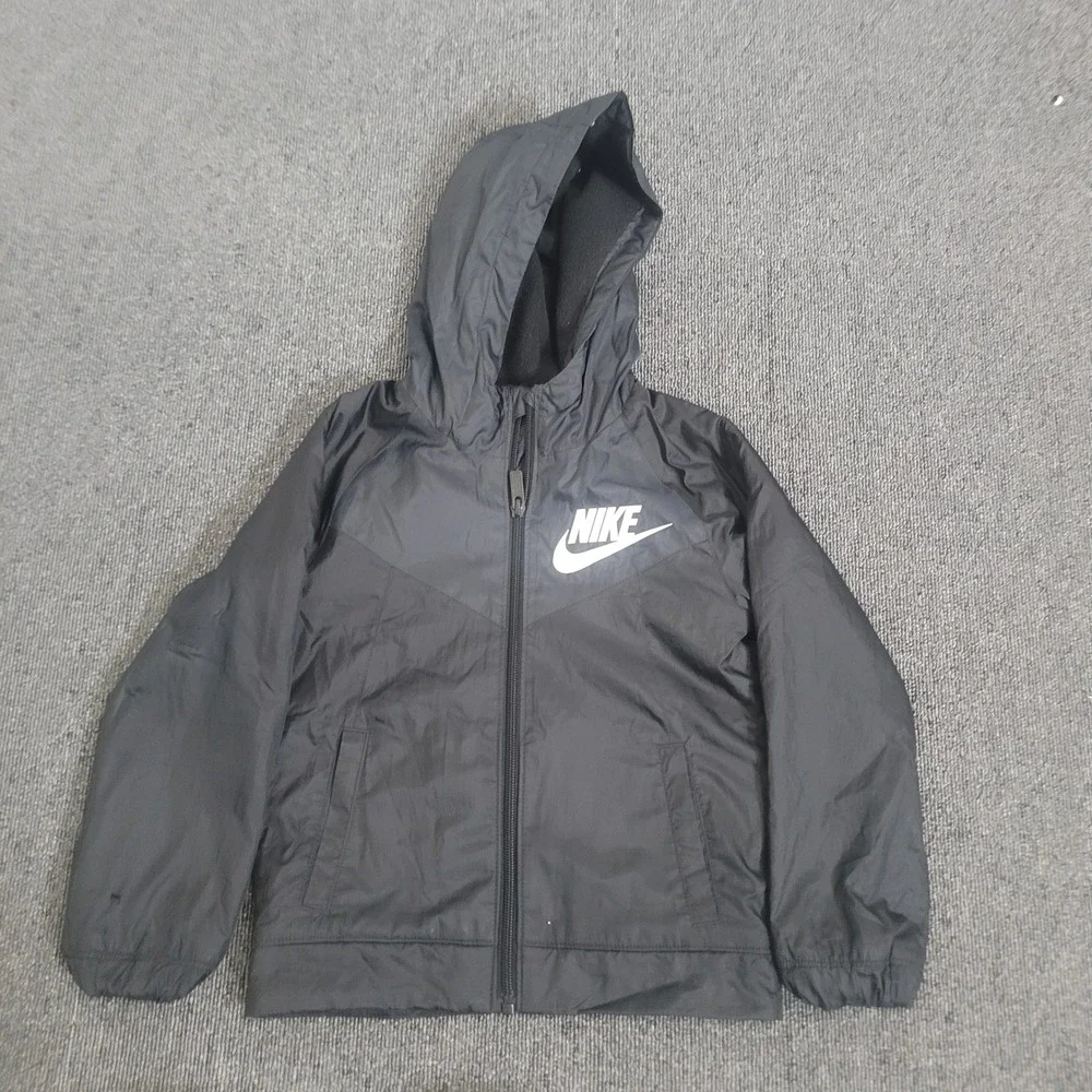 Nike Size 4 XS Windbreaker Jacket Unisex Kids Black Fleece Lined Hooded Full Zip